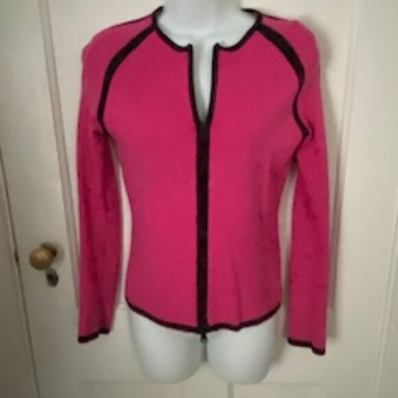 Women's Pierre Cardin Fuchsia Zip Cardigan with Black Trim, Size S - Picture 1 of 6